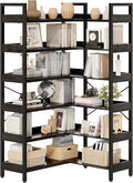 KOUSEI 6-Tier Corner Bookshelf, Reversible L-Shaped Bookcase with 4 Hooks, 69" Industrial Wood & Metal Storage Shelf for Living Room, Home Office & Bedroom, Black