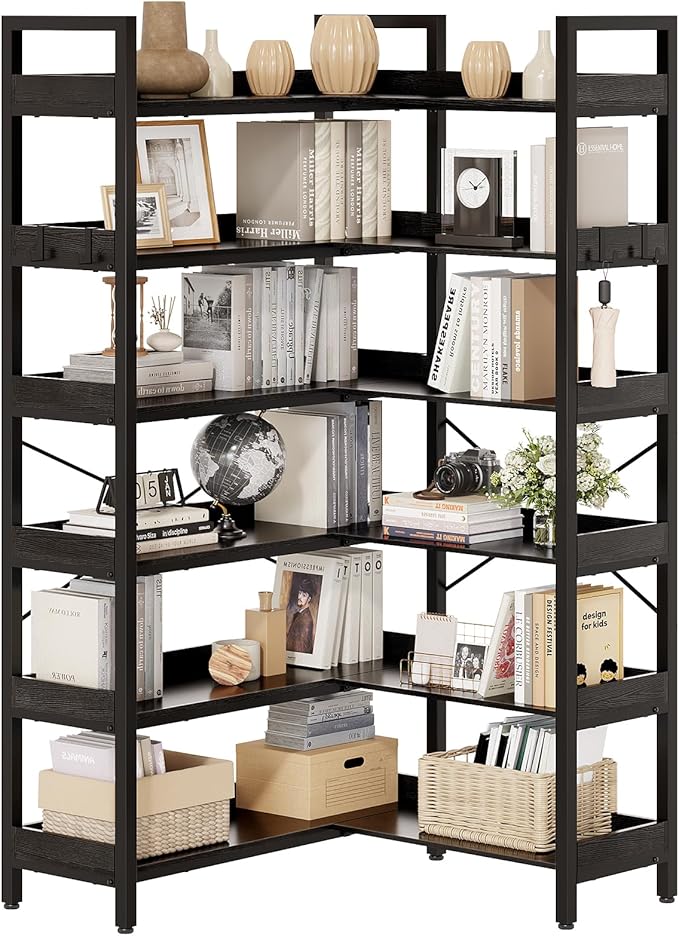 KOUSEI 6-Tier Corner Bookshelf, Reversible L-Shaped Bookcase with 4 Hooks, 69" Industrial Wood & Metal Storage Shelf for Living Room, Home Office & Bedroom, Black