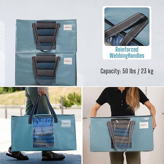 VENO 2 Pack Moving Bags, Comforter and Blanket Storage Bags for Closet, Moving Boxes, Boxes with Lids Alternative, College Dorm Packing Supplies, Foldable Heavy-Duty Tote (Shiny Light Blue, 2 Pack)