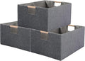 Fabric Storage Bin 3 Pack Foldable Cotton Linen Storage Basket with Wooden Handles Rectangular Cube Box – Gray, Small