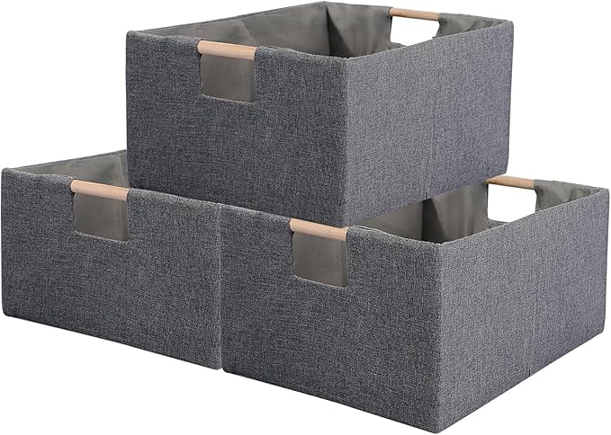 Fabric Storage Bin 3 Pack Foldable Cotton Linen Storage Basket with Wooden Handles Rectangular Cube Box – Gray, Small