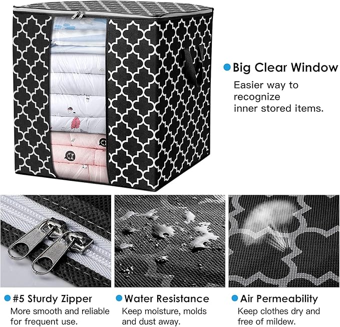 WISELIFE Storage Bags 6 Pack/100L Large Blanket Clothes Organization and Storage Containers for Comforters,Bedding, Foldable Organizer with Reinforced Handle, Clear Window, Sturdy Zippers,Black