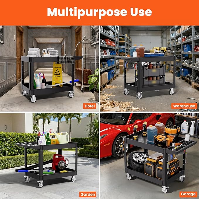 2 Tier Plastic Rolling Utility Cart on Wheels, Heavy Duty Tool Cart with Deep Shelves and 360° Swivel Wheels Holds up to 550 lbs, Service Cart for Warehouse,Garage, Cleaning (Black-L)