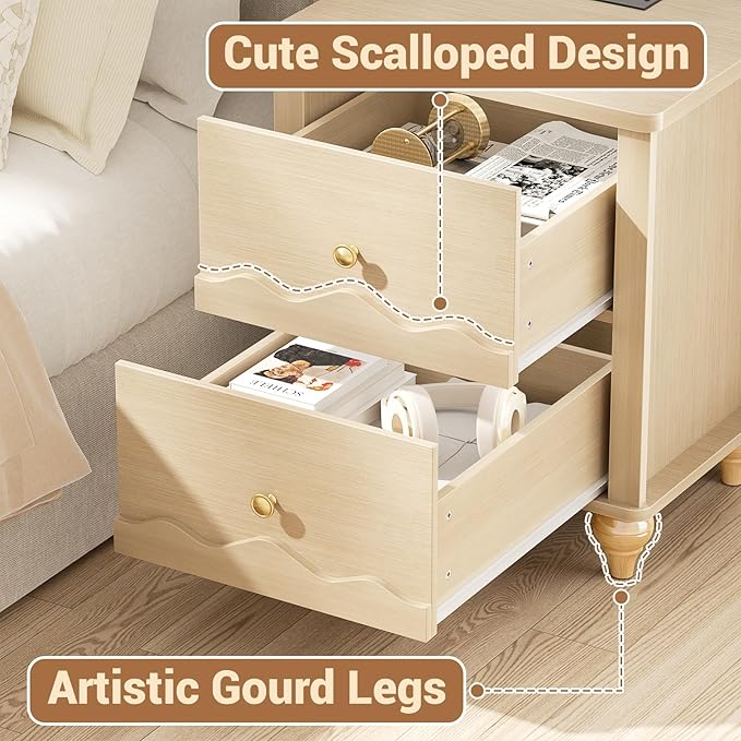 Cyclysio Nightstand with Charging Station, Side End Table with 2 Drawers, Modern Wood Night Stand with Scalloped Pattern for Bedroom, Bedside Night Tables with Solid Wood Gourd Legs