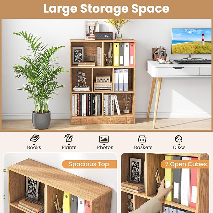 Giantex 7 Cube Bookcase, 4-Tier Freestanding Bookshelf w/ 7 Open Compartments, 2 Anti-Tipping Kits, Modern Display Cabinet, 41" Wood Cubby Storage Organizer for Living Room, Bedroom, Natural