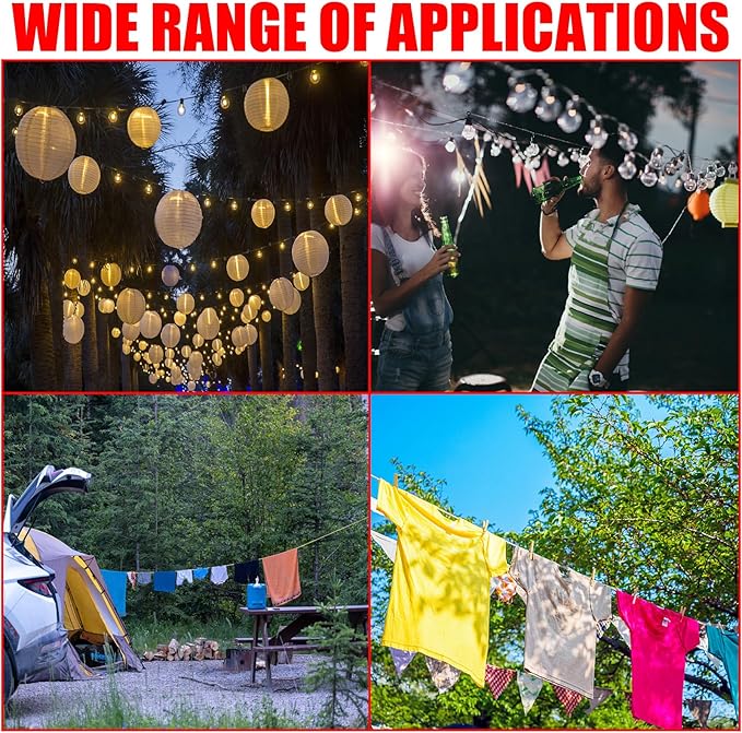 40ft Clothes Line Outdoors 3/16" Wire Ropes Silver PVC Coating Laundry Drying Clothesline Retractor with Metal Hooks Heavy Duty for Umbrella Travel Outside Camping Backyard