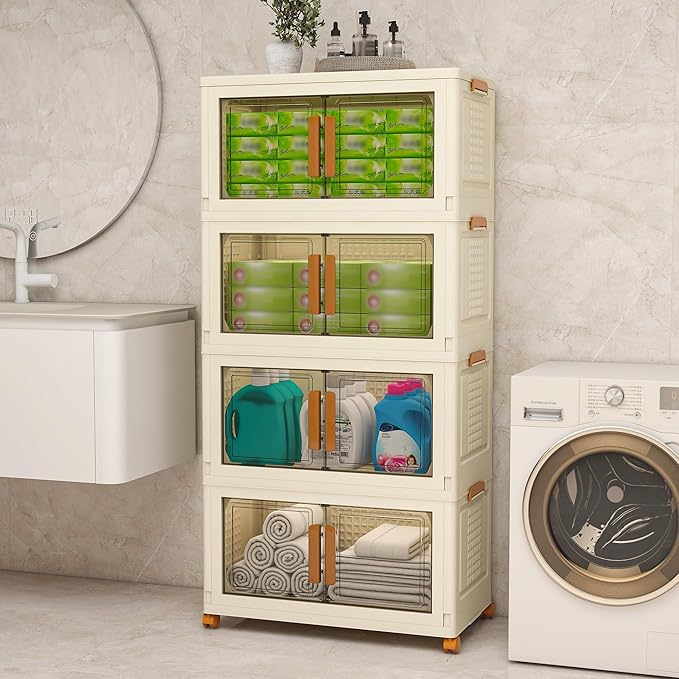 Plastic Stackable Storage Bins with 2 Lids and Wheels, Foldable Closet Organizers and Storage Containers, Collapsible Clear Drawer Storage Cabinet with Doors Ivory White 273.6 QT