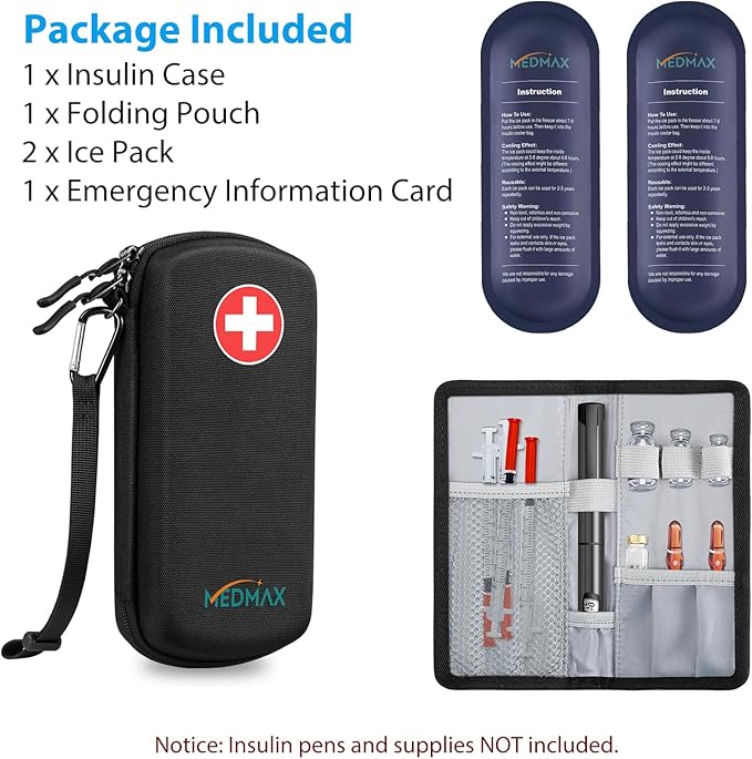 Hard Shell Insulin Cooler Travel Case with 2 Ice Pack, Shock Absorption Insulated Diabetic Medication Organizer Carrying Bag with Extra Pouch for Insulin Pen and Other Diabetic Supplies, Black
