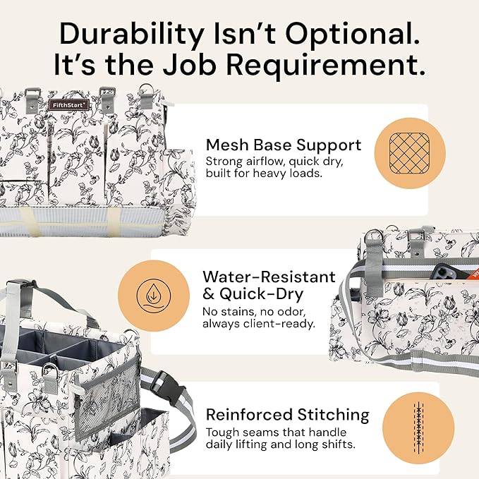 FifthStart Cleaning Caddy Organizer with Handle & Waist/Shoulder Straps - 9 Compartments & Mesh Base - Portable Cleaning Supply Caddy with Waste Bag Dispenser (Beige Floar, Large)
