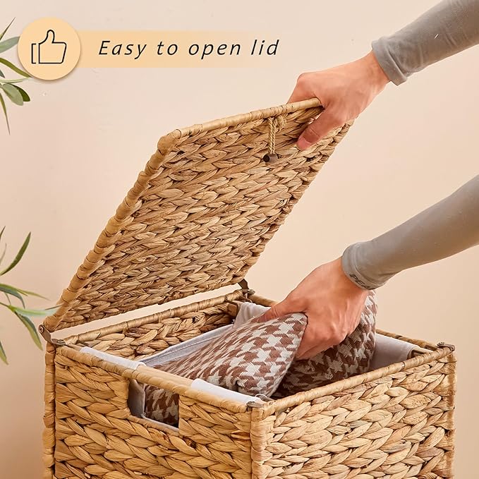 Handwoven Laundry Hamper with Lid, Natural Hyacinth Heightened Feet Laundry Basket, Wicker Clothes Hamper with Removable Liner Bag