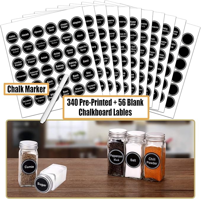 SWOMMOLY 25 Glass Spice Jars with 703 Spice Labels, Chalk Marker and Funnel Complete Set. 25 Square Glass Jars 4OZ, Airtight Cap, Pour/sift Shaker Lid