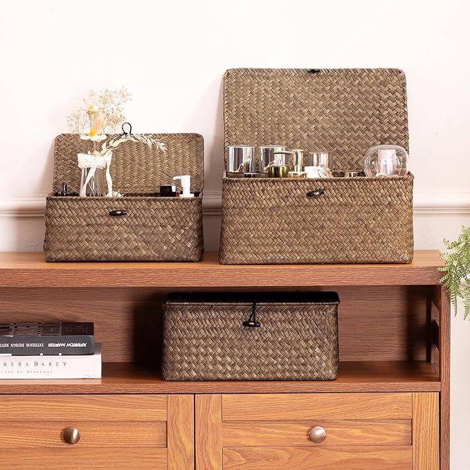 Nonam Seagrass Storage Baskets with Lid Set of 3,Wicker Basket Storage Bin for Shelves,Rectangular,Boho Decor,Handwoven Shelf Basket for Organizing-Storage Container Box for Home Organization-Coffee