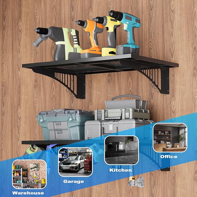 EROMMY 2-Pack 2x3ft Garage Shelving with 500lbs Capacity, Shelving Wall Mounted Metal Floating Storage System-Garage Shelves Heavy Duty with 6 Hooks for Basement Organization