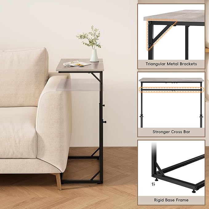 Vagusicc C Shaped End Table, 33.5"Tall Side Table for Couch, C-Table Sofa Table Adjustable Height Side Table, Large Surface Slide Under Couch Table, Coffee Table TV Tray for Living Room, Bedroom, Grey