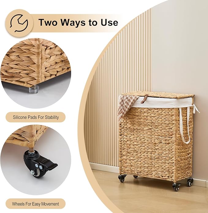 Rolling Laundry Hamper with Lid and Wheels, Slim Laundry Basket with Removable Liner Bag & 2 Mesh Bags, Handwoven Water Hyacinth Clothes Hamper for Bedroom Bathroom (Natural, 65L)