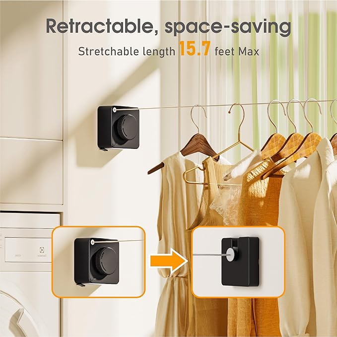 Retractable Heavy Duty Clothesline - Wall Mounted Indoor and Outdoor Laundry Drying Solution, 15.7ft Anti-Sagging Stainless Steel Rope (Black)
