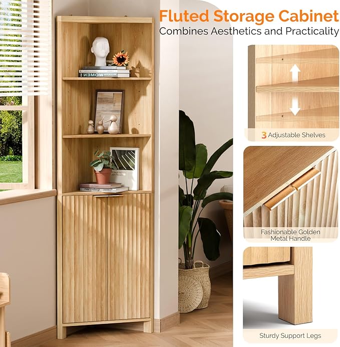 VINGLI 68" Tall Corner Cabinet with Fluted Doors,Corner Bathroom Storage Cabinet Pantry Hutch Display Shelves Adjustable for Kitchen, Living Room Modern Space Saver Shelf Bathroom Furniture,Oak