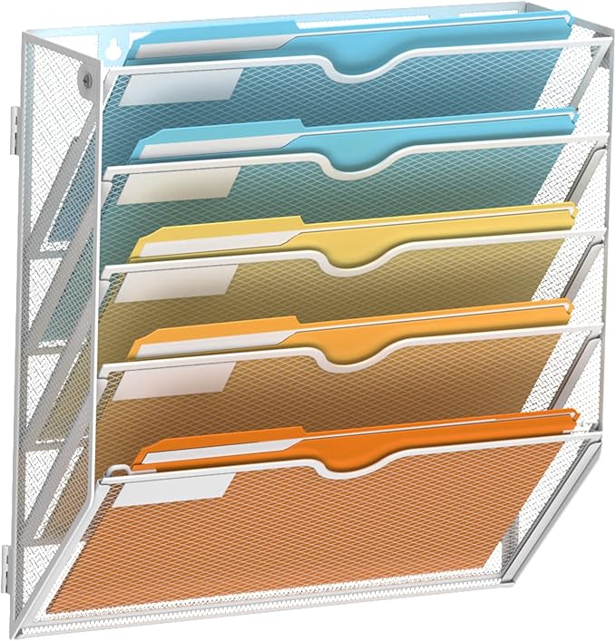 SUPEASY 5-Tier Wall File Organizer Mesh Office Mail Holder, Hanging Wall Organizer Magazine Rack for Office White