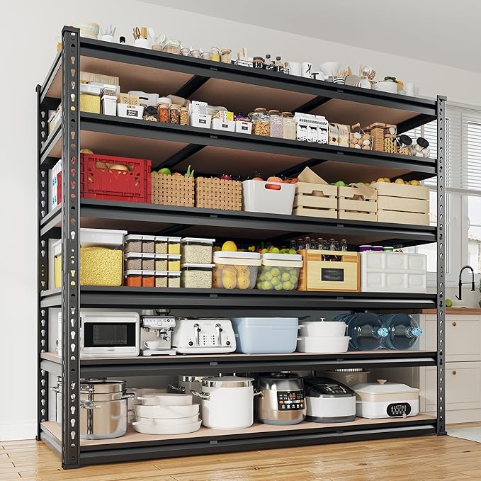 REIBII 6-Tier Garage Shelving, 84" H Storage Shelves Load 3300LB, Adjustable Metal Shelving, Large-Capacity Garage Shelves for Basement, Warehouse, 48.2" W X 84" H X 24" D, Black
