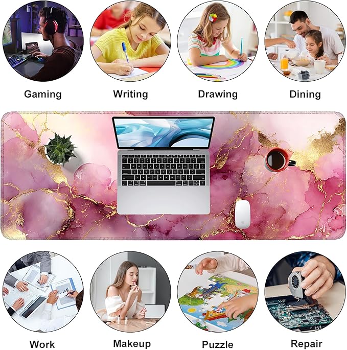 Pink Marble Ink Mouse Pad – Large Extended Desk Mat 31.5 x 11.8 in– Elegant Watercolor Gold Foil Design, Waterproof Surface, Non-Slip Rubber Base, Keyboard & Mouse Pad for Office or Gaming
