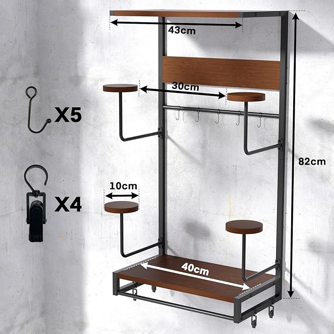 Motorcycle Helmet Holder Wall Mount, Rustic Helmet Rack With 4 Hat Stands and 2 Wooden Shelves, Motor Gear Accessories Storage for Men, 4 Clips, 5 Hooks for Glove Key Jacket Hanging