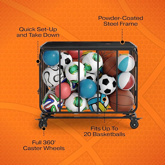Houseables Ball Cart, Ball Storage, Basketball Cart, Basketball Storage Bin, Sports Equipment Organizer, Holder Cage with Wheels, Volleyball, Gym, Recess, Soccer, Playground, PE, Large Metal Basket