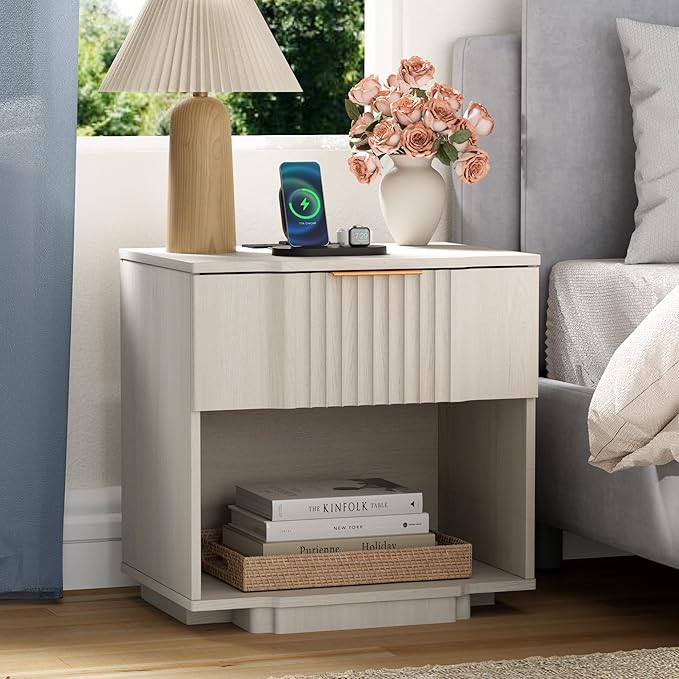 Yechen Fluted Night Stand Set 2 with 20W Fast Charging Station - Large Wood Nightstands with Storage Drawer & Shelf, Modern Wide Bedside End Tables for Bedroom with Curved Profile Base, White Oak