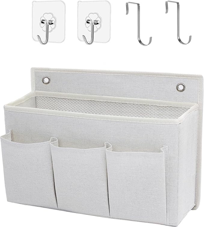 Wall Hanging Organizer Bag/Hanging Baskets with Large Mesh Compartment & 3 Pockets，Over the Door Organizer Space Saving Storage for Bedroom,RV Camper, Closet (White- 1 Pack)