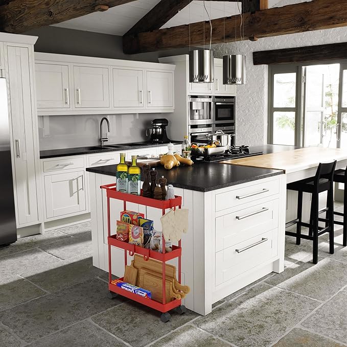 Simple Houseware 3-Tier Slim/Narrow Storage Cart with Handle, 5.5'' Wide x 26.5'' Height Rolling Organizer for Kitchen, Bathroom, Laundry Room - Red
