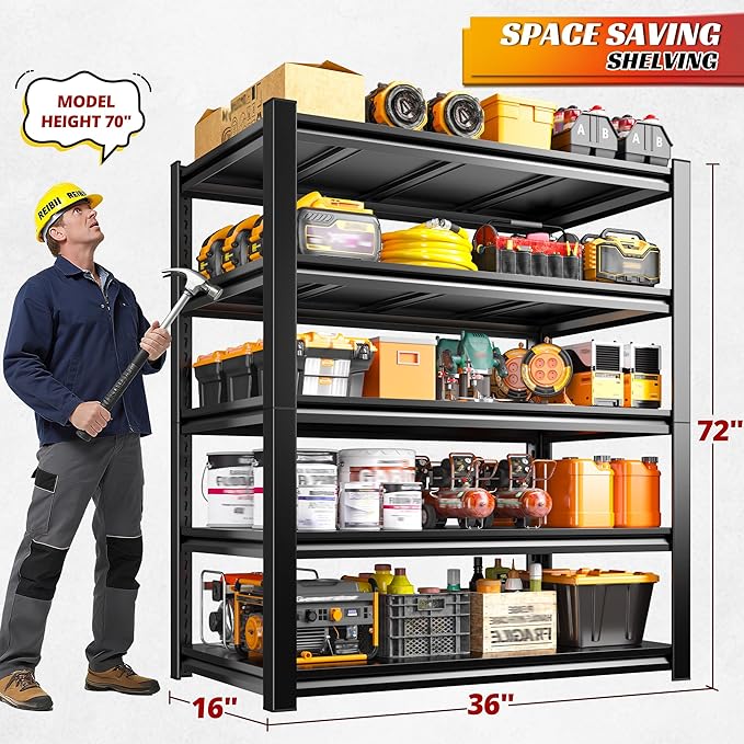 REIBII Garage Shelving 3000 LBS Storage Shelves Adjustable Metal Shelving, 5 Tier Garage Shelves for Basement, Warehouse, Kitchen, Pantry, Commercial, 72" H x 36" W x 16" D