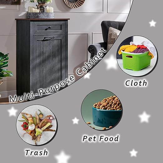 Tilt Out Trash Can Cabinet, 10 Gallon Farmhouse Laundry Hamper Cabinet with Drawer, Hidden Wooden Trash Garbage Can Bin with Storage Basket for Kitchen, Living Room (Dark Grey)
