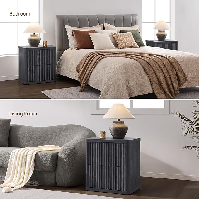 SICOTAS Night Stand Set of 2 Nightstands with 2 Drawers Storage Bedside Table Large Fluted Bed Side End Table Modern 24.4" Tall Wide Night Stands for Bedroom Living Room Sofa Couch Office