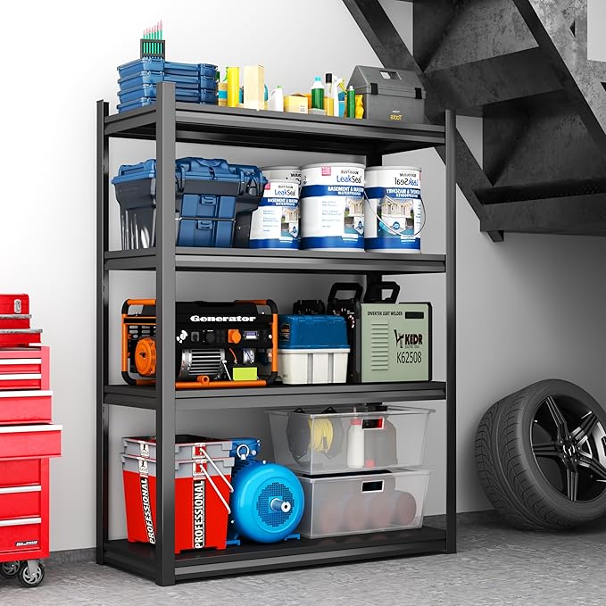Storage Shelves, Garage Metal Shelving Unit, Adjustable, Double-Layer Column with Reinforced Ribs, Heavy-Duty, Capable of Bearing 2400 lbs, Suitable for Garage, Warehouse, Kitchen Storage