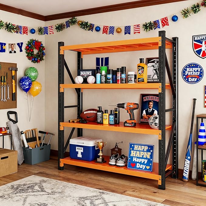 79" H Garage Shelving,4000LBS Heavy Duty Storage Rack,4 Tiers Metal Storage Rack Shelf, Adjustable Shelving Unit for Garage,Kitchen,Warehouse,Basement,78.7" H x 59" W x 19.6" D,Black&Orange