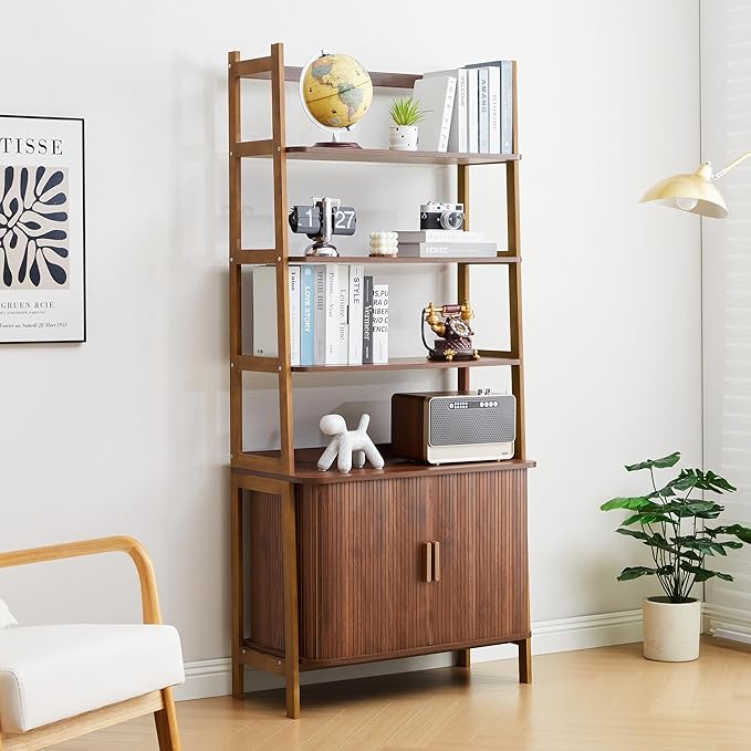 4-Tier Bookshelf, Tall Bookcase with Open Shelf and Sliding Door, 70” Freestanding Storage Organizer Display Cabinet for Living Room, Home Office (Walnut)
