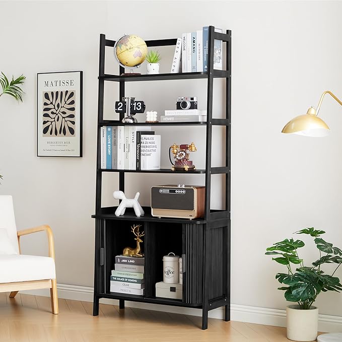 4-Tier Bookshelf, Tall Bookcase with Open Shelf and Sliding Door, 67” Freestanding Storage Organizer Display Cabinet for Living Room, Home Office (Black)