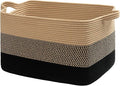 Goodpick Large Woven Blanket Basket 23.6" x 15.7" x 13.8" Cotton Rope Storage Organizer for Dirty Clothes Pillows Toys, Rectangle Wicker Laundry Basket with Handles, Black & Jute Mix