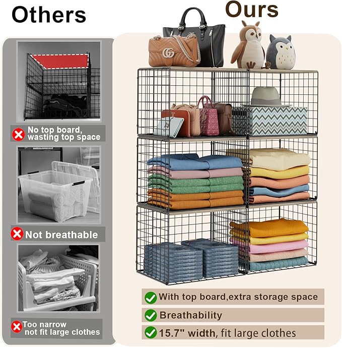 4PCS Wider Closet Organizers and Storage, Stackable Closet Shelf Organizer Storage Bins with Wood Top for Sweaters Jeans, Clothes Organizer Shelves for Wardrobe System Rack, Space-Saving,Sturdy Metal