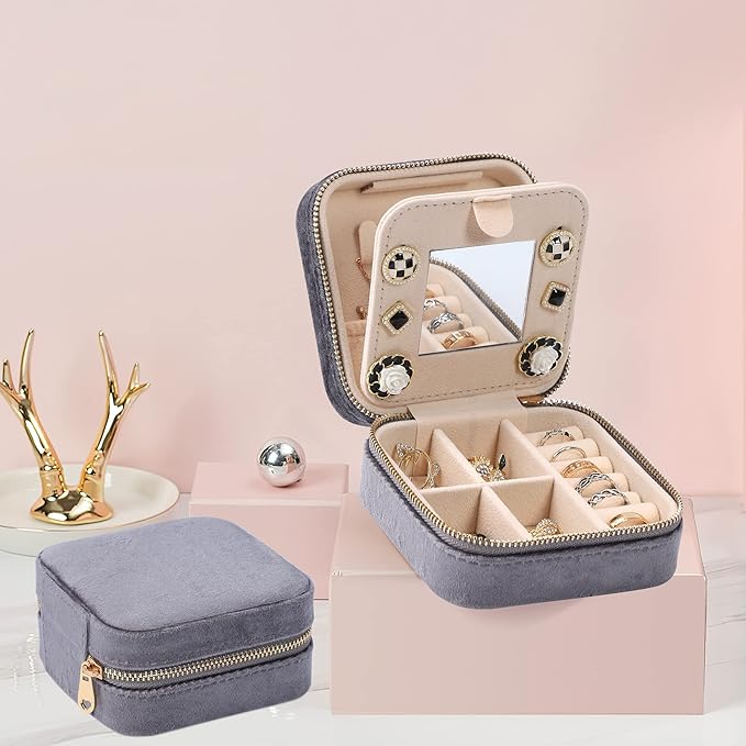 Dajasan Velvet Travel Jewelry Box, Mini Travel Jewelry Case, Small Portable Travel Jewelry Organizer Box with Mirror for Earrings Bracelets Rings Necklace (Grey)