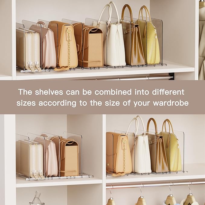 Criusia Adjustable Closet Purse Organizer Rack – 28.8" Extra-Long Shelf Divider with 12 Base Panels & 16 Dividers – Non-Slip Handbag Holder for Bags, Clothes, Kitchen, Office