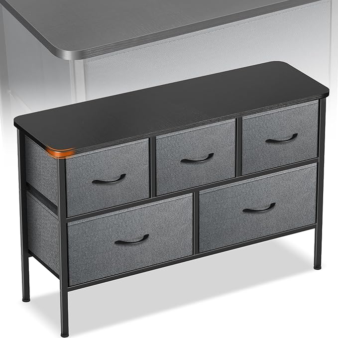 Curved Profile Dresser for Bedroom, Chest of Drawers, 5 Storage Drawers Organizer Unit, Gery Dresser with Fabric Bins for Closet, Living Room, Kid Room (Grey and Charcoal Black)
