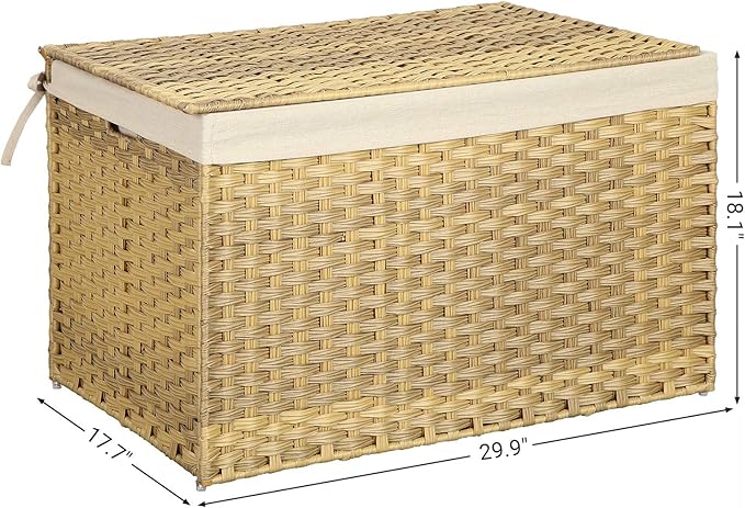 SONGMICS Storage Basket with Lid, Woven Blanket Storage Bin with Handles, Foldable, Removable Liner, Metal Frame, for Bedroom, Laundry Room, 42.3 Gallons (160 L), Natural URST76NL