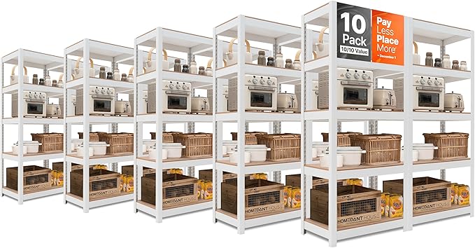 HOMEDANT House 5 Tier 24.4" W Laminated Metal Shelving Unit Adjustable Storage Utility Rack Heavy Duty Shelves Organization Multipurpose Shelf Kitchen Garage Pantry Closet 10 Pack