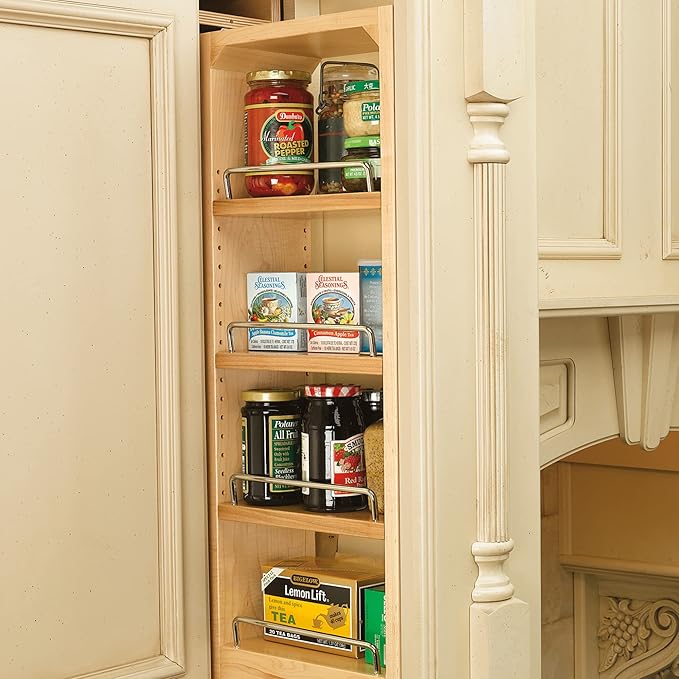 Rev-A-Shelf 6" W x 36" H Pull Out Quad Shelf Organizer for Wall & Base Kitchen Cabinets, Full Extension Filler Spice Rack, Adjustable, Wood, 432-WF36-6C