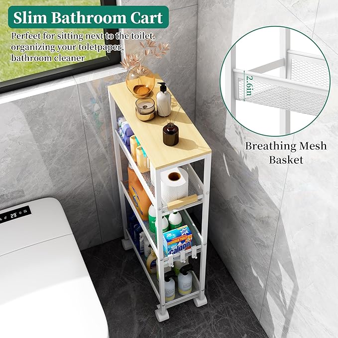 TIPGO Utility Slim Storage Cart, 4 Tier Rolling Cart with Wheels, Narrow Storage Cabinet for Bathroom, Laundry Shelves for Room Organization, Small Organizer for Kitchen, Office and Dorm (White)