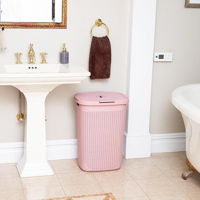Mind Reader Slim Laundry Hamper with Lid, 60L Clothes Basket, Premium Wicker Design, Plastic, Pink
