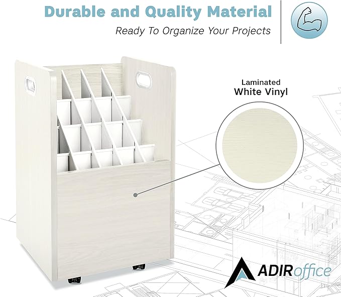 AdirOffice Adir Blue Print Storage Organizer - Mobile Roll File Cart, Construction Plan Holders, Blueprint Cabinet with Wheels, Roll Files Storage for Office and Home (20 Slots, White)