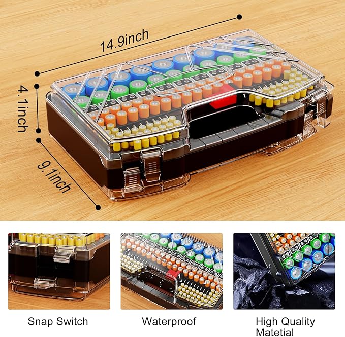 Battery Organizer Storage Holder Box Case with Tester - 285 Batteries Double-Sided Variety Pack, Holds AA AAA 4A C D Cell 9V 3V Lithium LR44 CR2 CR123 CR1632 18650 Button