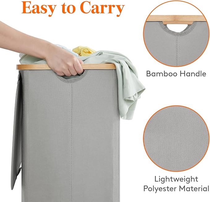 Lifewit 100L Laundry Basket with Lid, Clothes Hampers for Laundry with Bamboo Handles and A Removable Laundry Bag, Large Foldable Hamper for Bedroom, Bathroom, Dorm, Laundry Room, Silver Grey