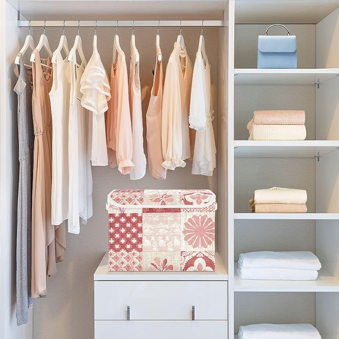 Storage Bin with Lid, Linen Textures Flower Large Collapsible Storage Box 300D Oxford Fabric Flip Lid Storage Box for Bedroom Shelves Closet Home Office